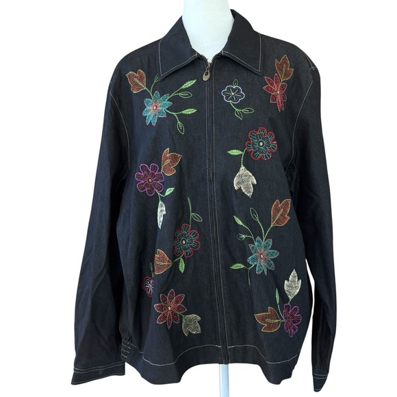 Alfred Dunner Jackets & Blazers - Vtg Alfred Dunner Black Denim Embroidered Beaded Fall Floral Jacket Women's 16‎